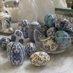3 Blue, Green. White Decorative Ceramic Eggs